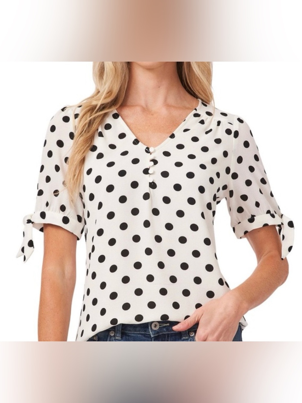 NWOT CeCe White Polka Dot Tie Sleeve Blouse!
